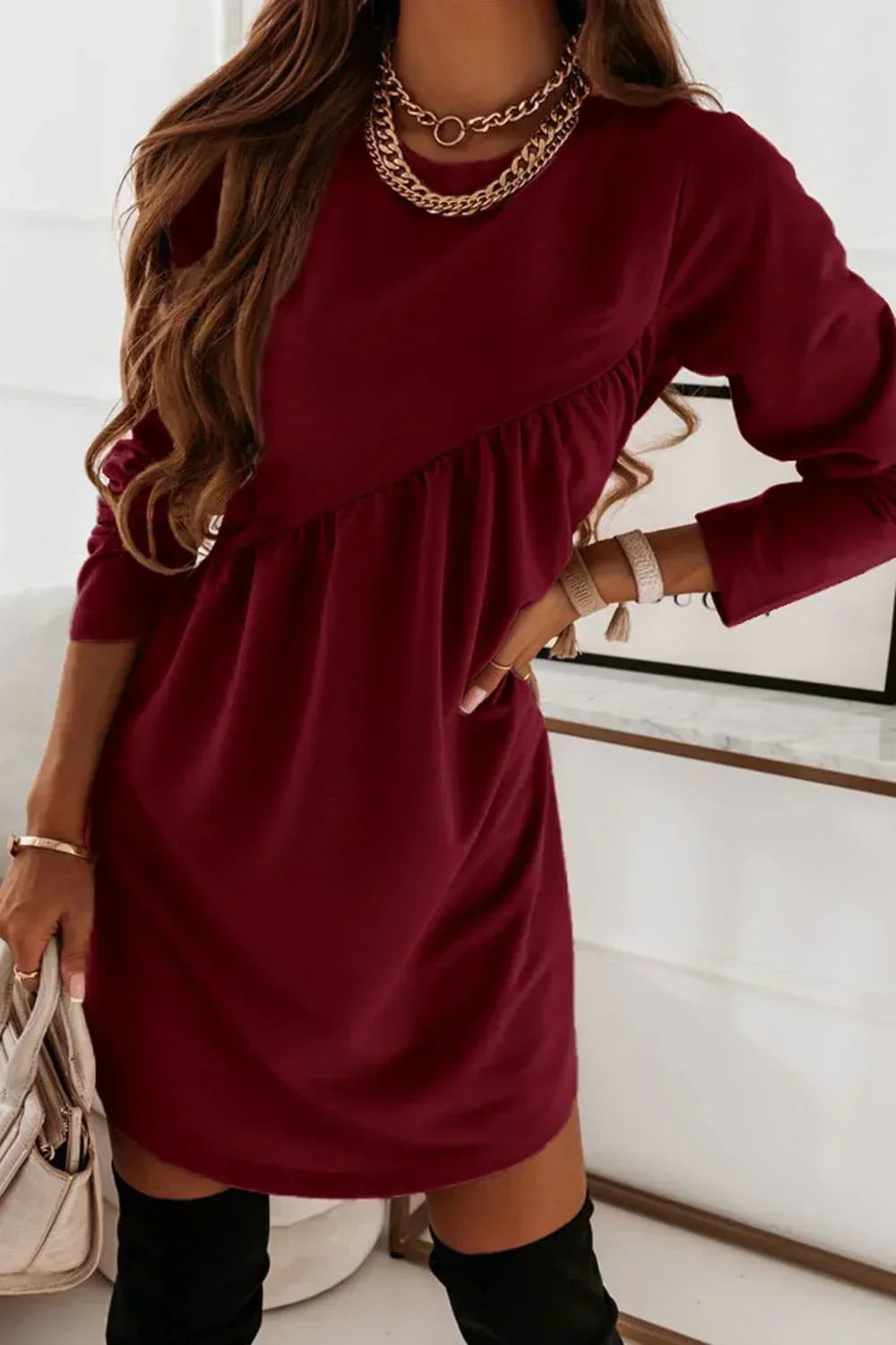 Carla - Long-sleeved O-neck mini dress in solid color