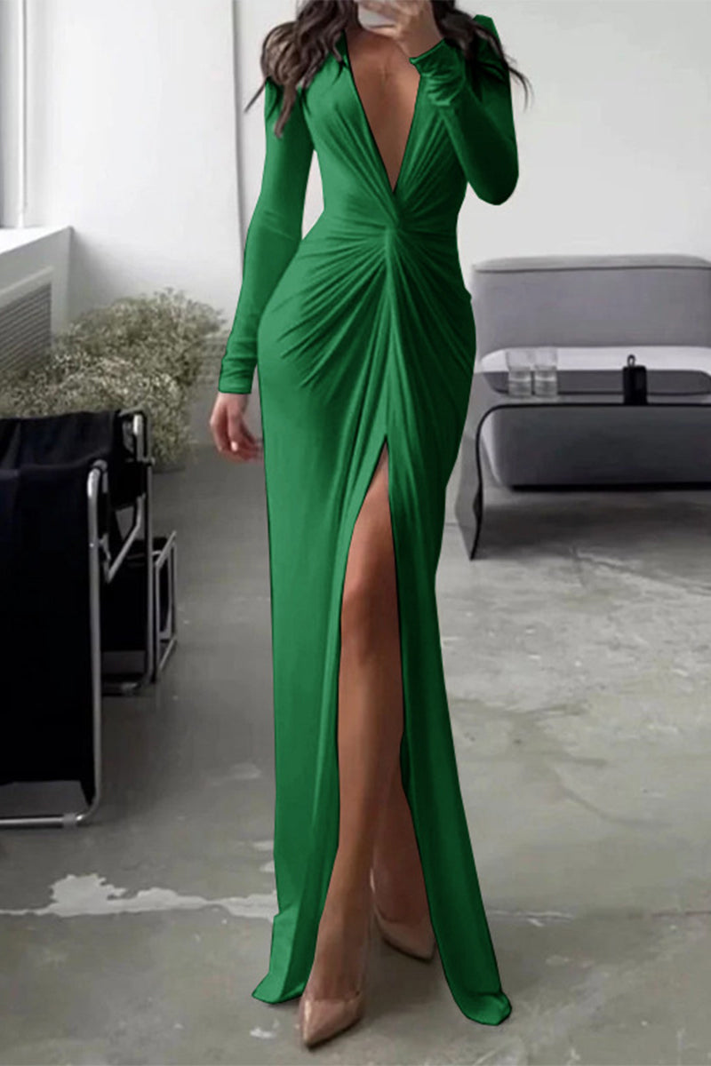Kalani - V-Neck Long Sleeve One-Leg Open Stylish Pleated Dress