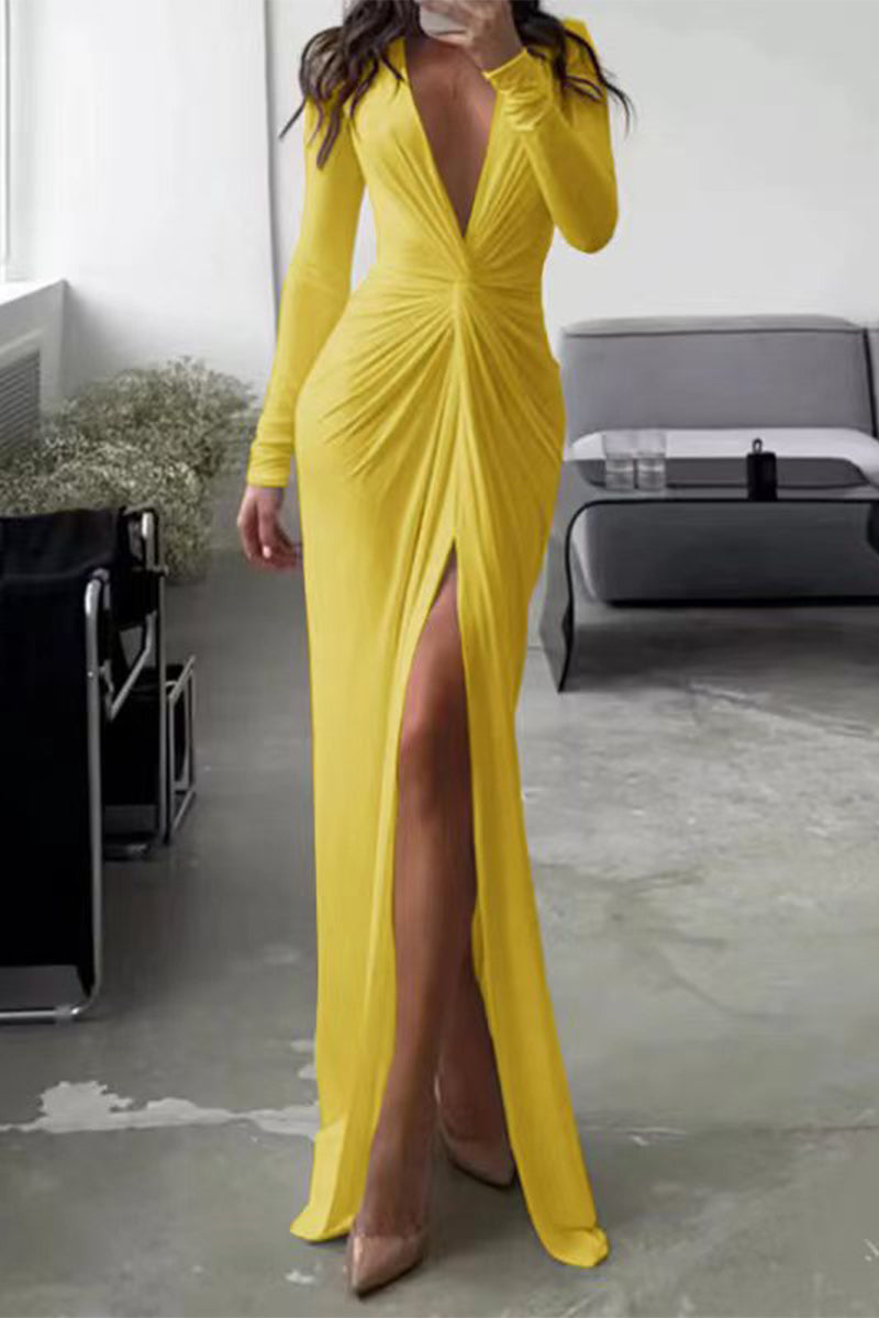 Kalani - V-Neck Long Sleeve One-Leg Open Stylish Pleated Dress