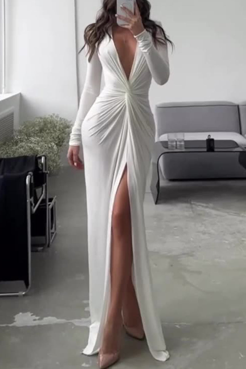 Kalani - V-Neck Long Sleeve One-Leg Open Stylish Pleated Dress