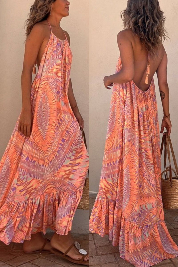 Ethnic Pattern A-Line Dress with Ties on the Neck