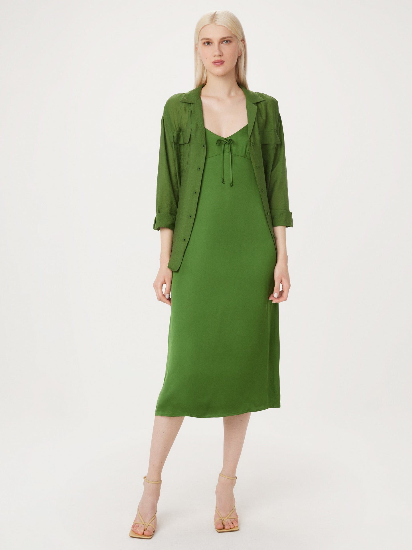 The Satin Slip Dress in Military Green