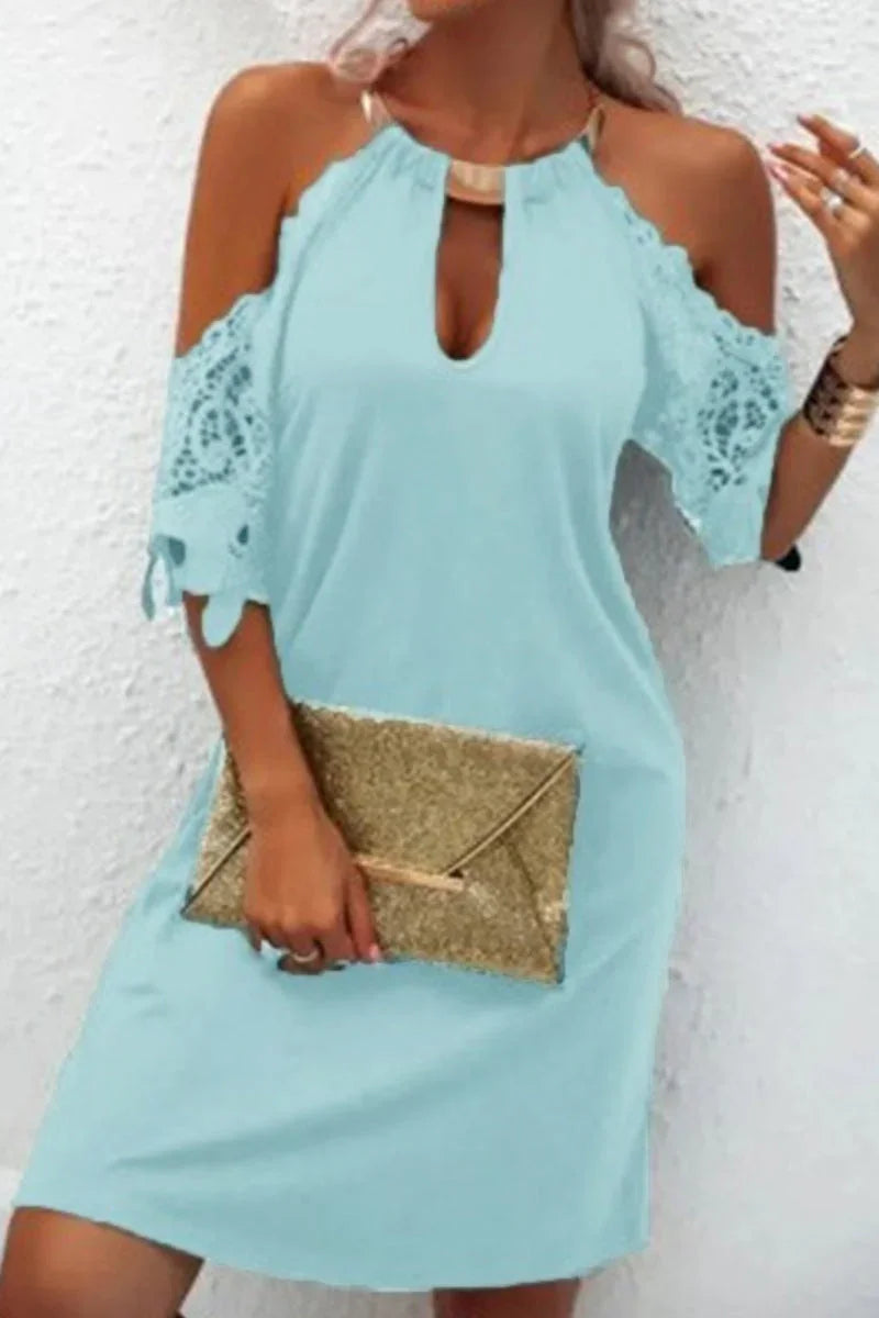 Naila - Elegant solid lace dress with metallic accessories and embellishments, with a belt line.