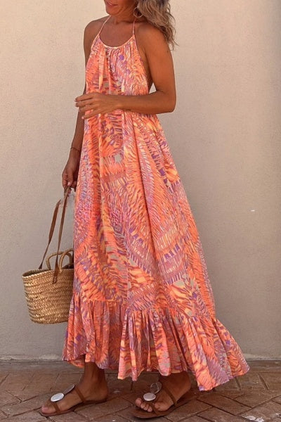 Ethnic Pattern A-Line Dress with Ties on the Neck