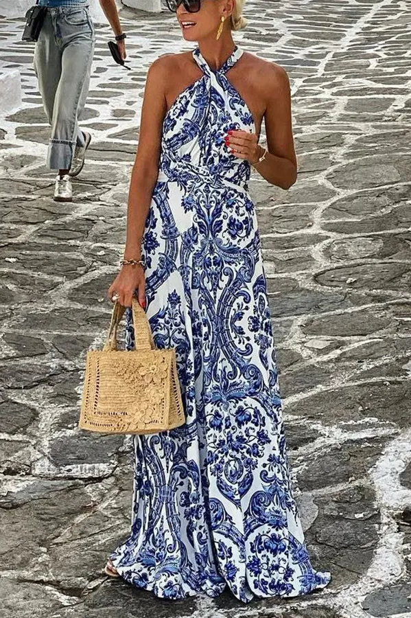 Hope-Greek Pattern Beach Dress with Cross Straps