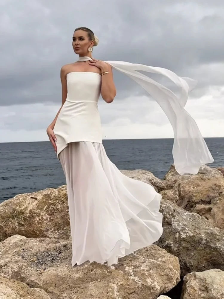 Isabella | White Strapless Maxi Dress with Scarf (Almost sold out)