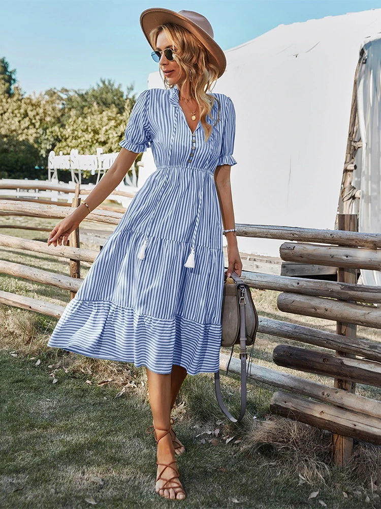 Maya | Striped Tassel V-Neck Dress