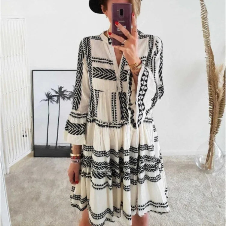 Azaria | Geometric Print V-Neck Short Dress