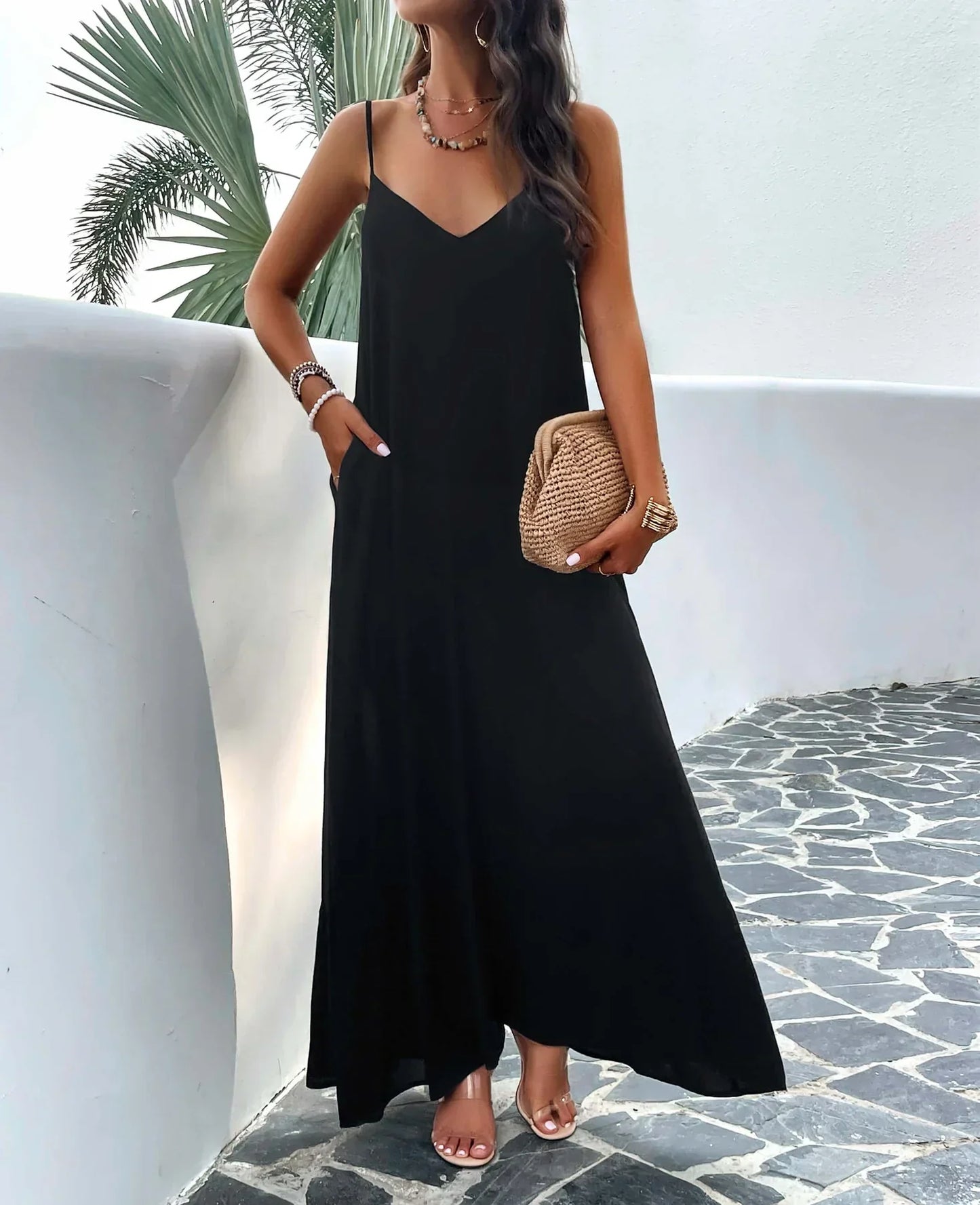 Rosenda - Maxi Dress with Pockets and Olive Design