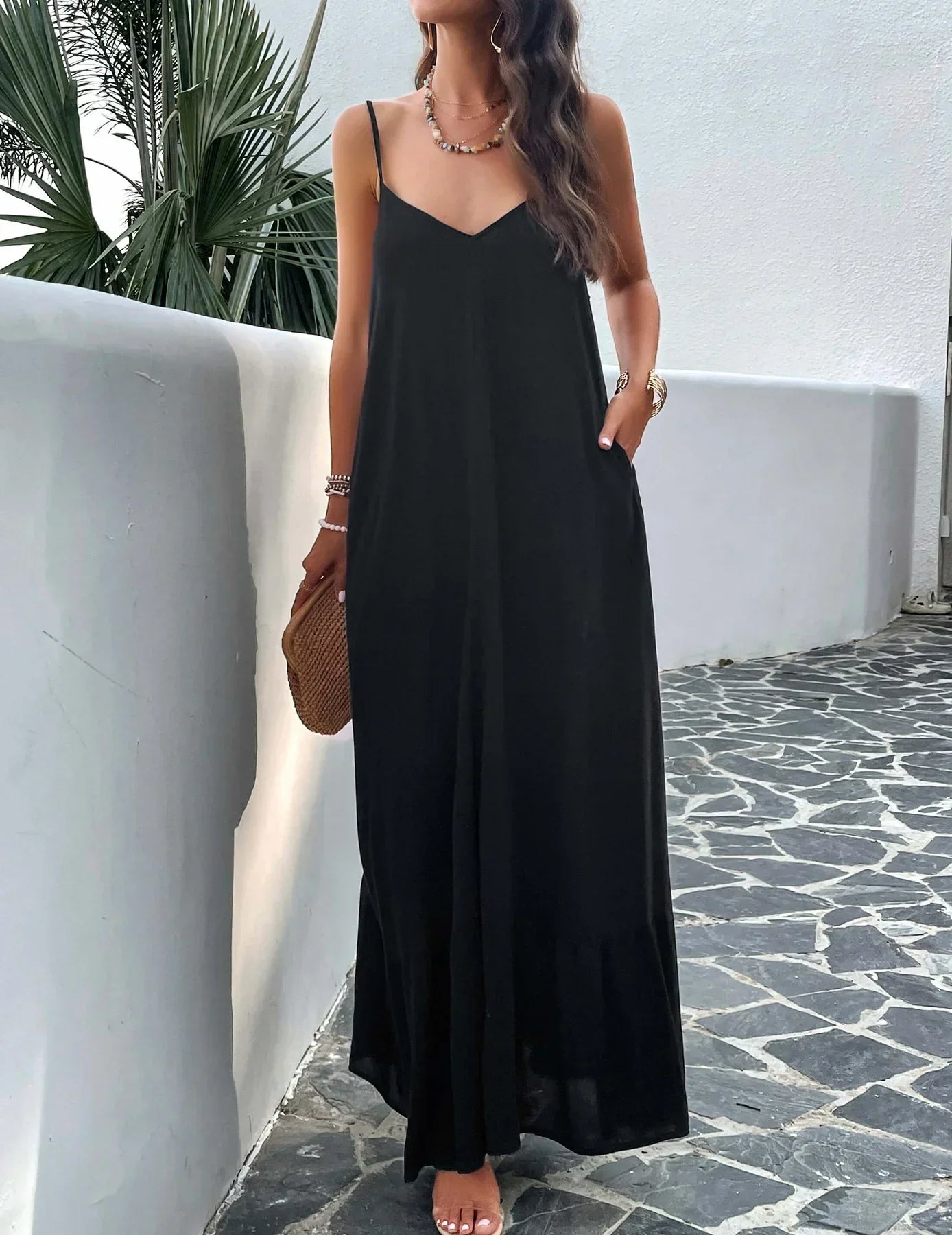 Rosenda - Maxi Dress with Pockets and Olive Design