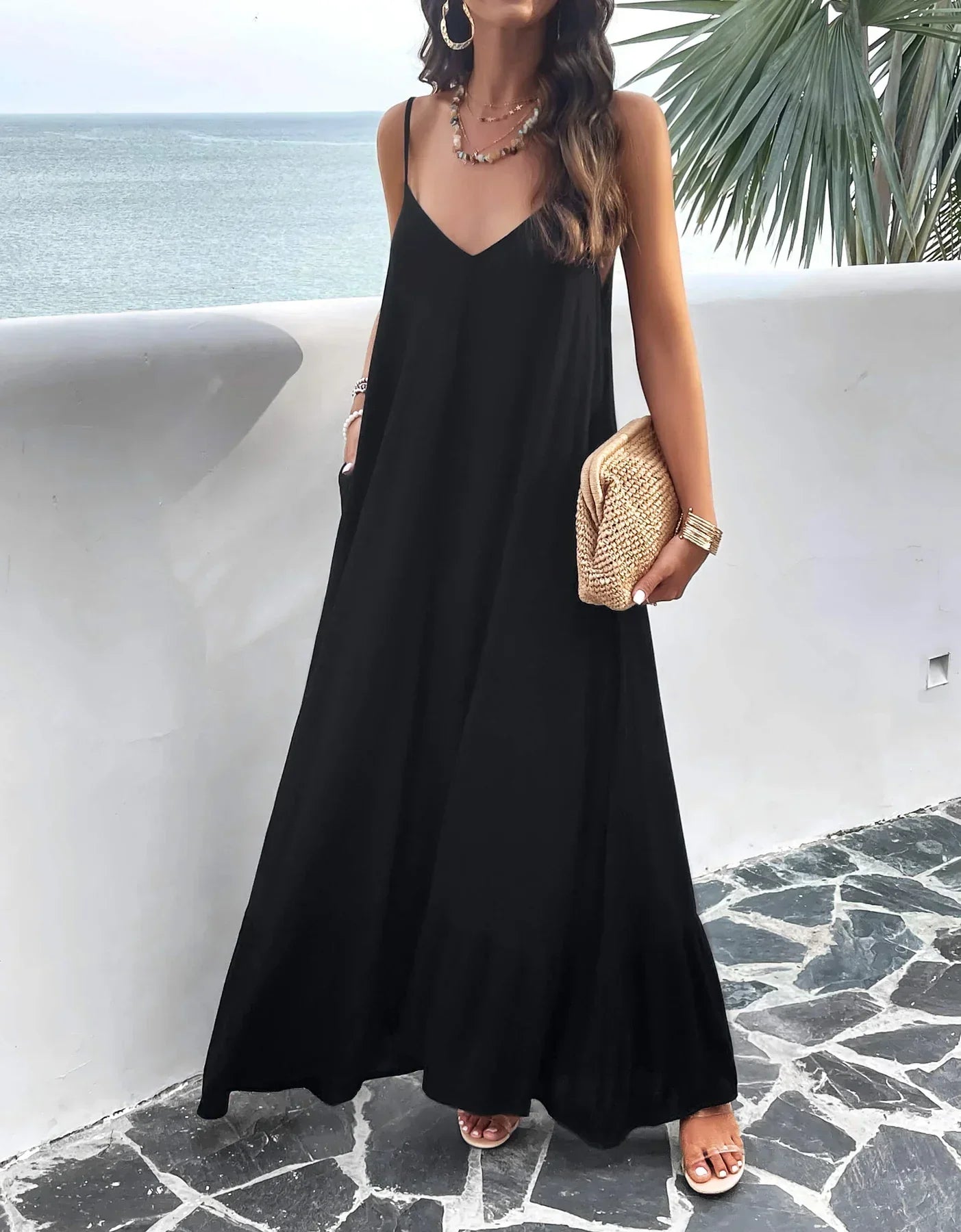 Rosenda - Maxi Dress with Pockets and Olive Design