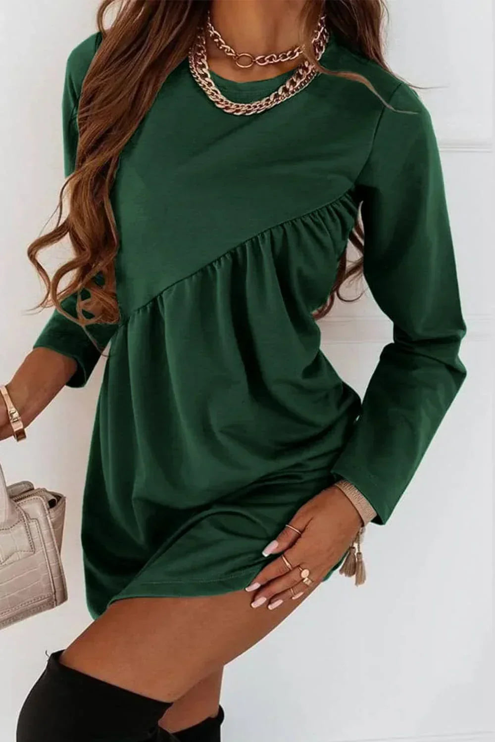 Carla - Long-sleeved O-neck mini dress in solid color