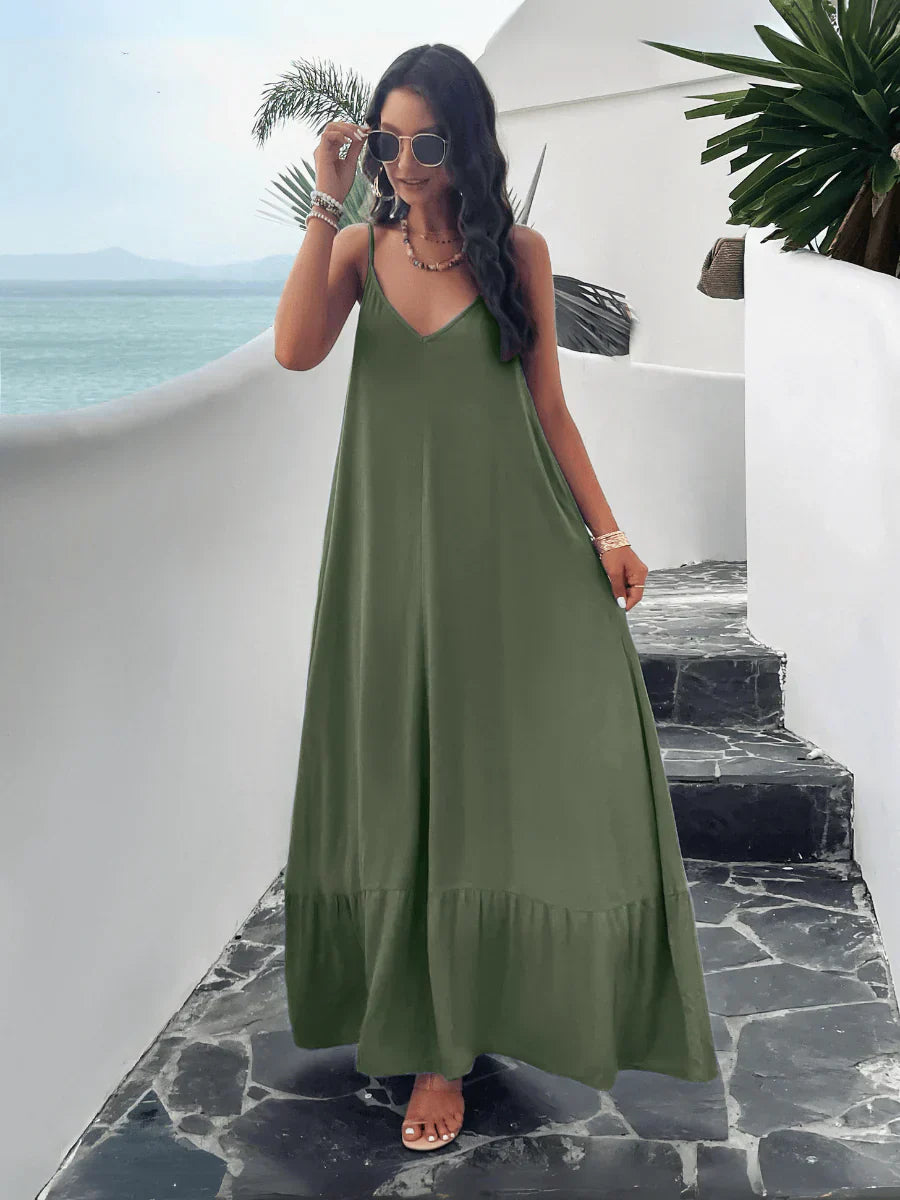 Rosenda - Maxi Dress with Pockets and Olive Design