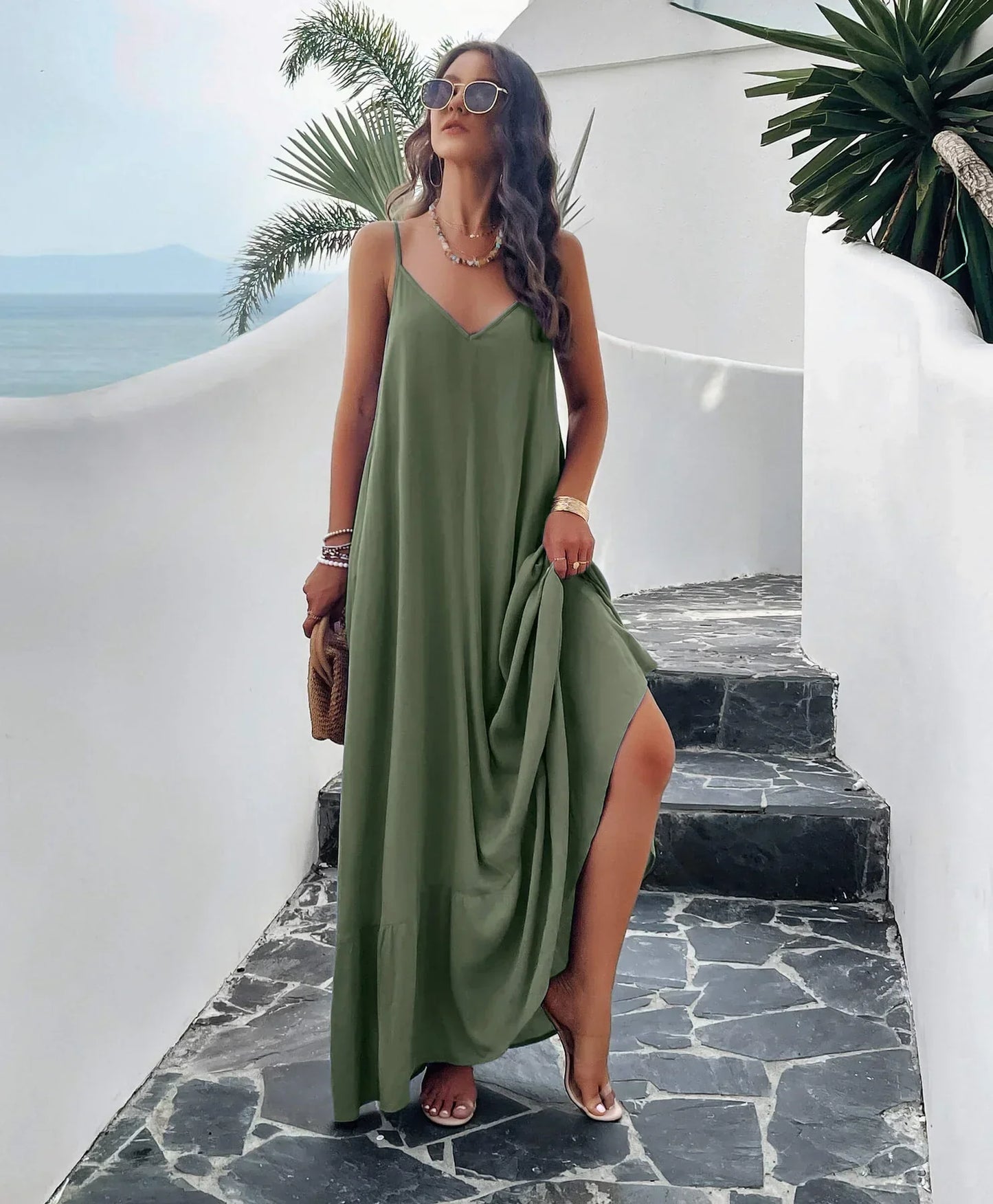 Rosenda - Maxi Dress with Pockets and Olive Design