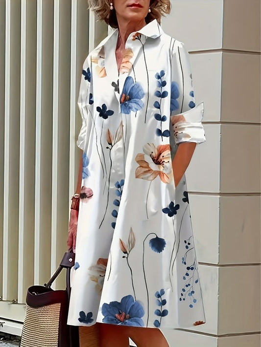 Evangeline-Loose Dress with Floral Decoration and Convenient Pockets