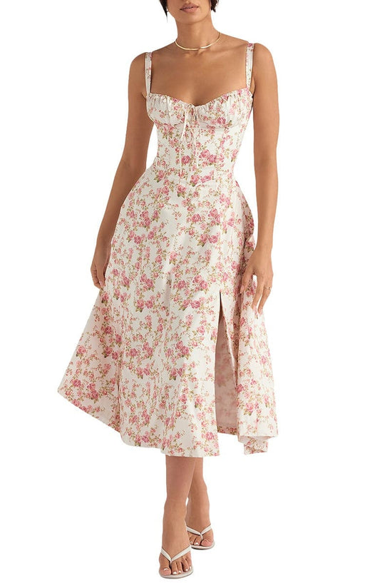 Martha-Feminine Bustier Dress with Floral Decor