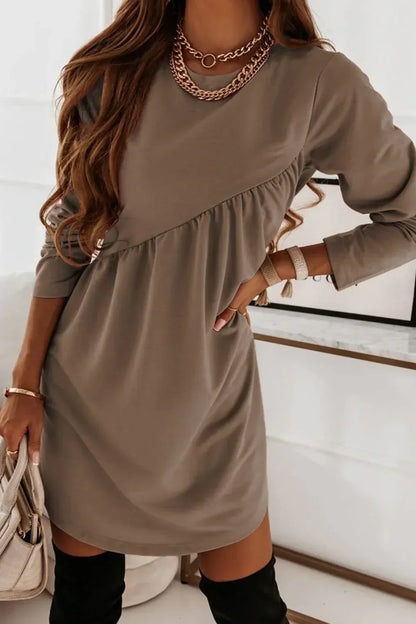 Carla - Long-sleeved O-neck mini dress in solid color
