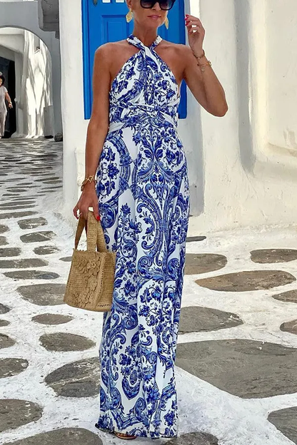Hope-Greek Pattern Beach Dress with Cross Straps