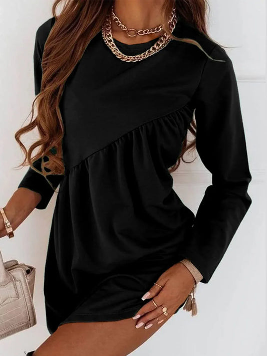Carla - Long-sleeved O-neck mini dress in solid color