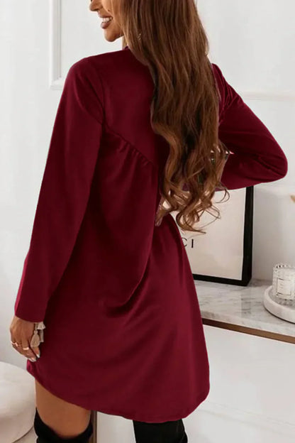 Carla - Long-sleeved O-neck mini dress in solid color