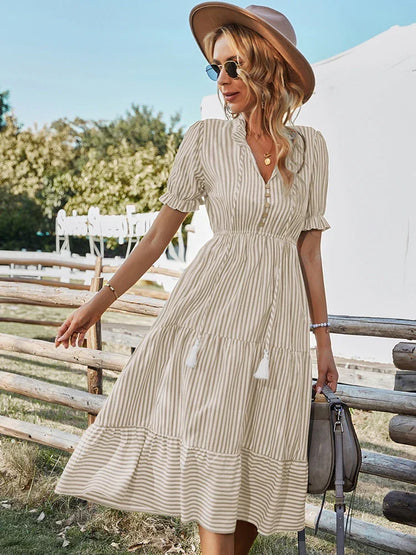 Maya | Striped Tassel V-Neck Dress