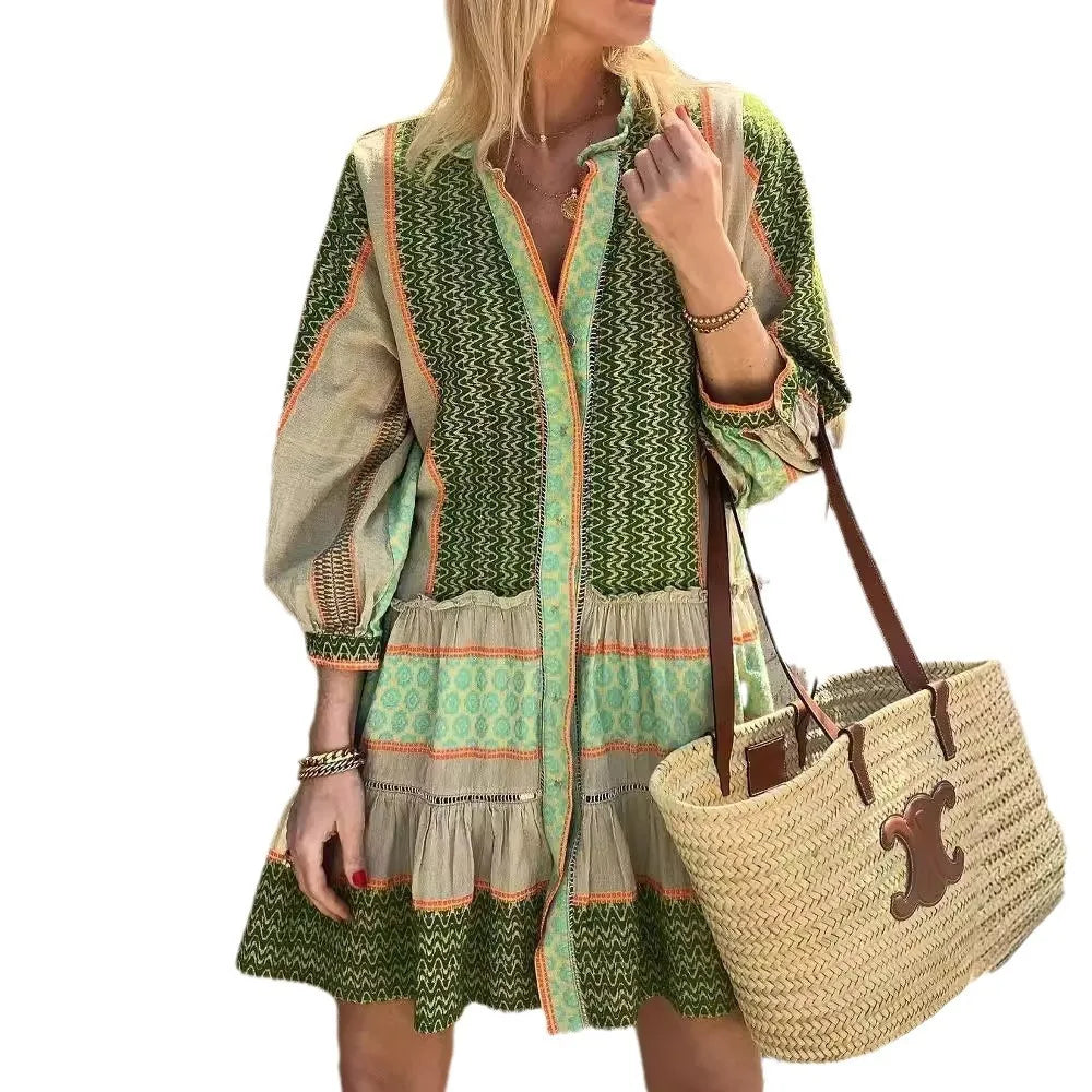 Selene | Cotton Linen Green Print Dress
