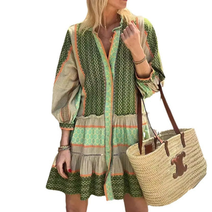 Selene | Cotton Linen Green Print Dress