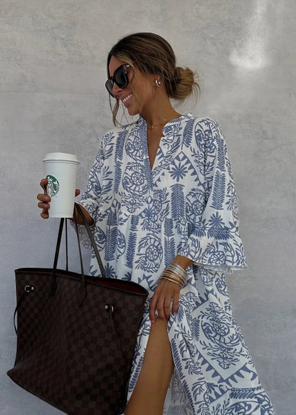 Adeline | Printed V-Neck A-Line Skirt Dress