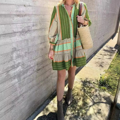 Selene | Cotton Linen Green Print Dress