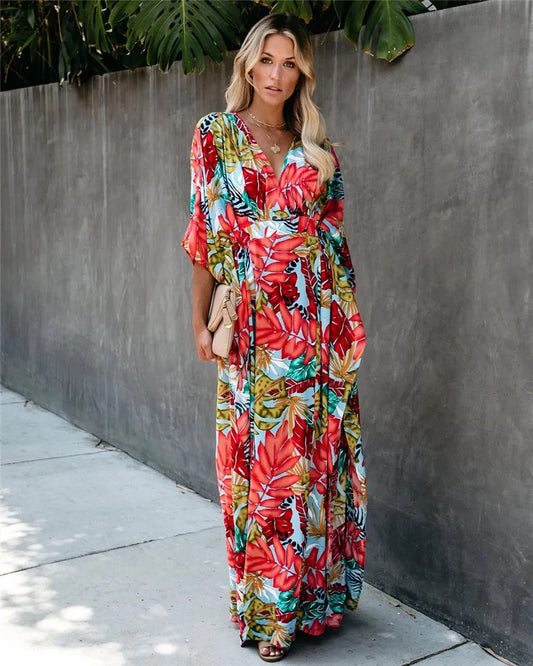 LunaBloom™ Plus Size Kimono Wrap Maxi Dress